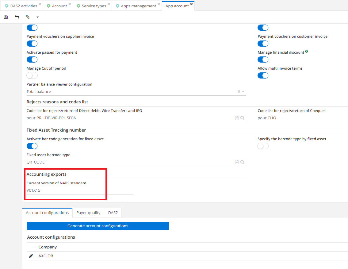 1.6. On the Accounting App page, in the “Accounting exports” section,
you'll find the “Current version of N4DS standard” field.